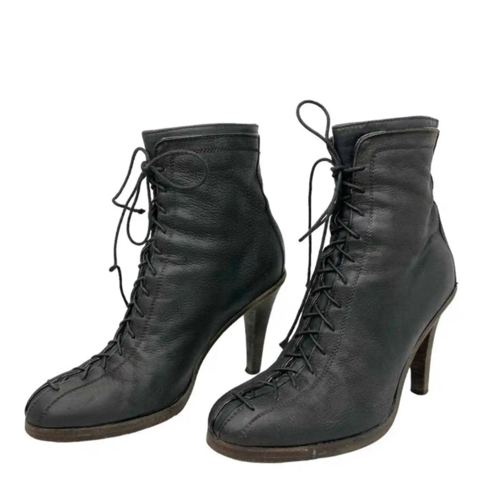 LD Tuttle Vintage Black Leather Corset Lace front Heeled Booties size 39 GUC